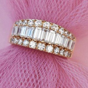 Solid 14K gold tiara ring 7.25 US, wide gemstone ring for women